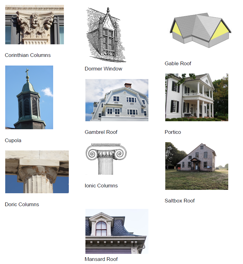 Common architectural details such as dormers, gable roof and mansard roof.