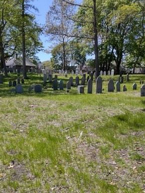 East-end of Old-Burying-Ground-Stoneham, showing empty space in front of other graves.
