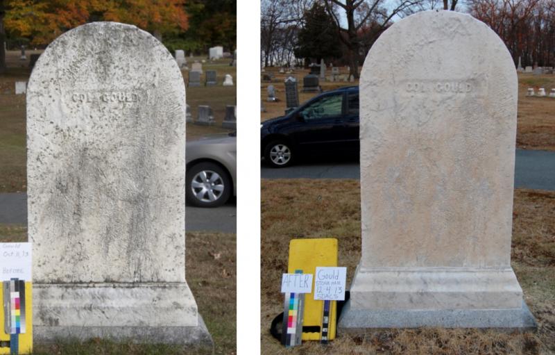 Before and After of the Back of Colonel Gould Grave